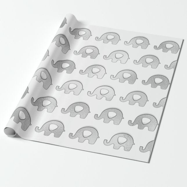 Silver Elephants Baby Shower Boy Girl Grey White Wrapping Paper (Unrolled)