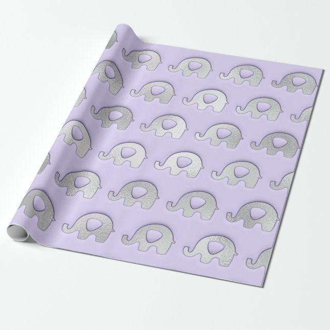 Silver Elephants Baby Shower Boy Lavender Gray Gre Wrapping Paper (Unrolled)