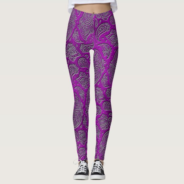 Silver embossed Paisley pattern on purple glass Leggings (Front)