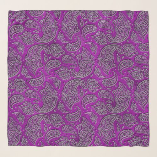 Silver embossed Paisley pattern on purple glass Scarf