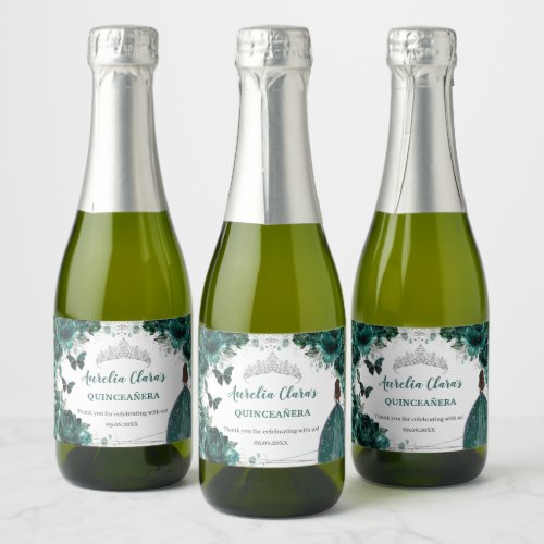 Silver Emerald Floral Quinceaera Birthday Favor Sparkling Wine Label