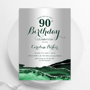 Silver Emerald Green Agate Marble 90th Birthday Invitation