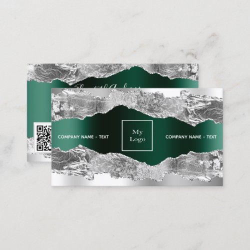 Silver emerald green agate marble logo QR code Business Card