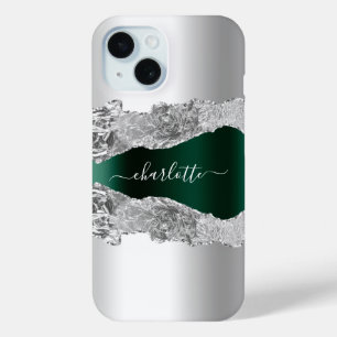 Silver emerald green agate marble name iPhone 15 case