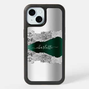 Silver emerald green agate marble name iPhone 15 case