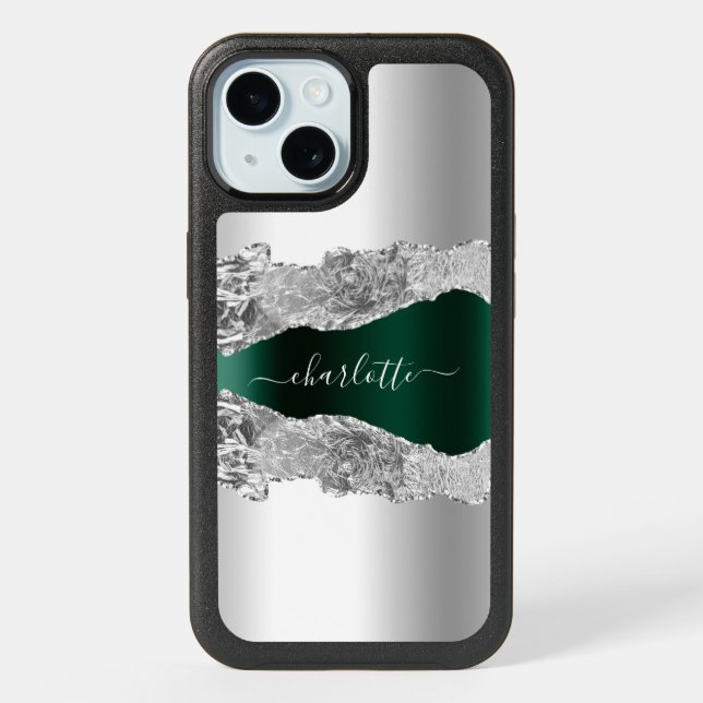 Silver emerald green agate marble name iPhone 15 case (Back)