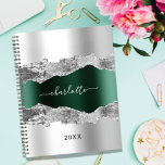 Silver emerald green agate marble name script 2024 planner<br><div class="desc">Faux silver and emerald green metal and agate,  marble stone print as background Personalize and add your name. The name is written with a modern hand lettered style script.</div>