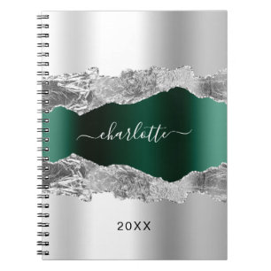Silver emerald green agate marble name script notebook