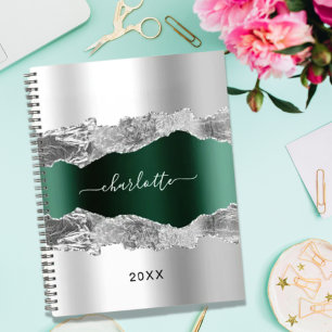 Silver emerald green agate marble name script notebook