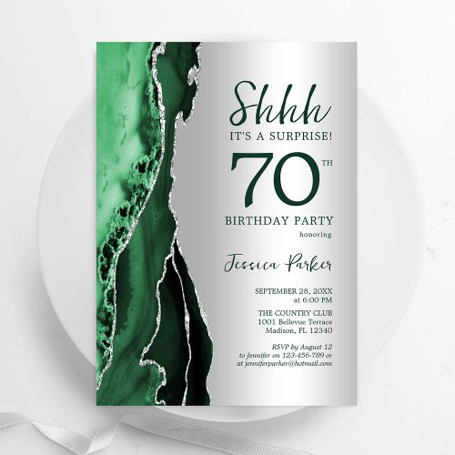 Silver Emerald Green Agate Surprise 70th Birthday Invitation