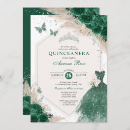 Silver Emerald Green Boho Roses Quinceañera Party Invitation