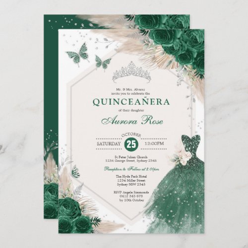 Silver Emerald Green Boho Roses Quinceaera Party Invitation