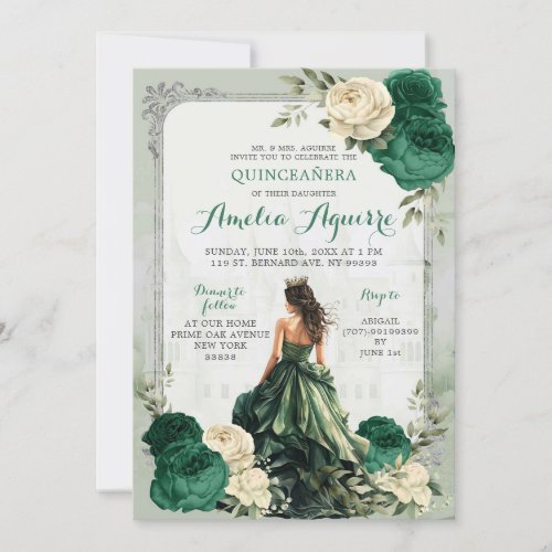 Silver Emerald Green Castle Princess Quinceaera Invitation