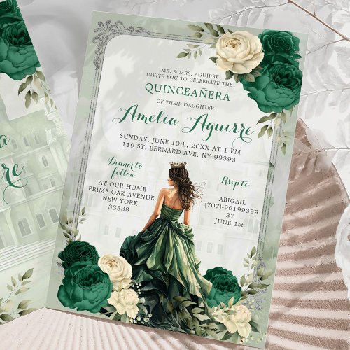 Silver Emerald Green Castle Princess Quinceaera Invitation