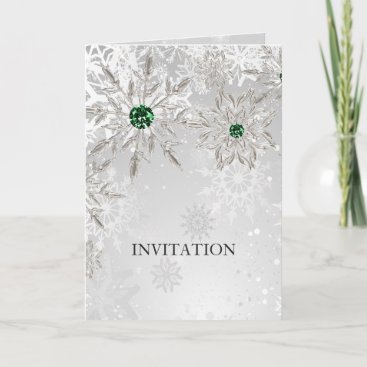 silver emerald green snowflake wedding invitation