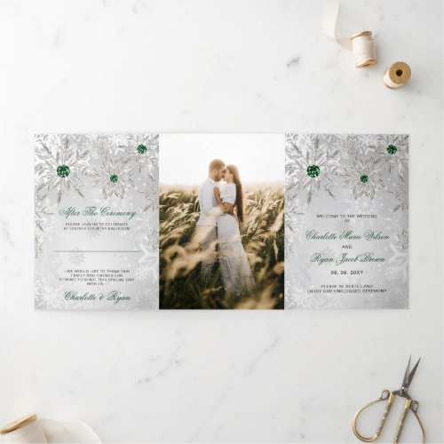 Silver Emerald Green Snowflake Winter Wedding   Tri_Fold Program