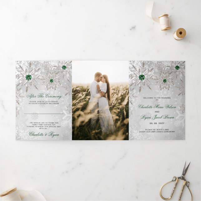 Silver Emerald Green Snowflake Winter Wedding   Tri-Fold Program (Outside)