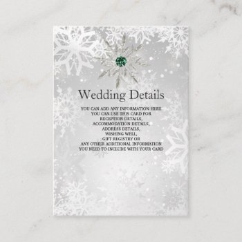 Silver Emerald Green Snowflakes Wedding  Enclosure Card by blessedwedding at Zazzle