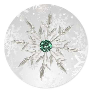silver emerald green snowflakes winter wedding classic round sticker