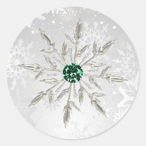 silver emerald green snowflakes winter wedding classic round sticker