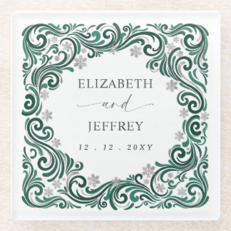 Silver Emerald Green Snowflakes Winter Wedding Glass Coaster