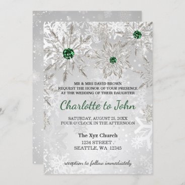 silver emerald green snowflakes winter wedding invitation