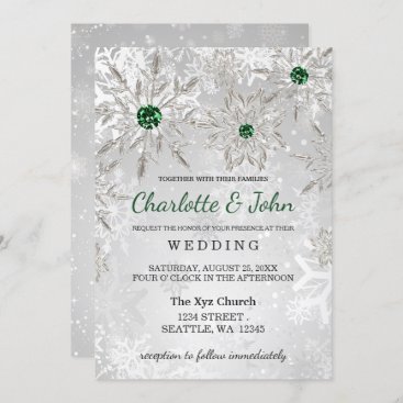 Silver Emerald Green snowflakes Winter Wedding Invitation
