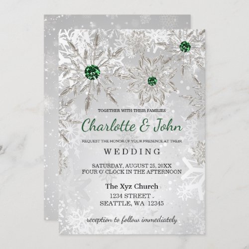 Silver Emerald Green snowflakes Winter Wedding Invitation