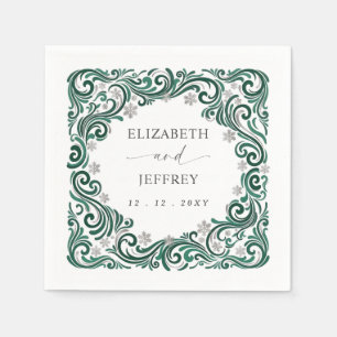 Silver Emerald Green Snowflakes Winter Wedding Napkins