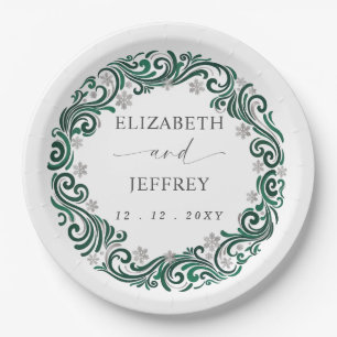 Silver Emerald Green Snowflakes Winter Wedding Paper Plates