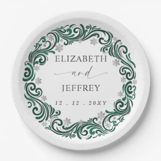 Silver Emerald Green Snowflakes Winter Wedding Paper Plates