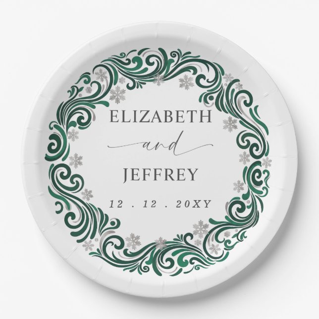 Silver Emerald Green Snowflakes Winter Wedding Paper Plates (Front)