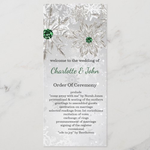 silver Emerald Green snowflakes winter wedding Program