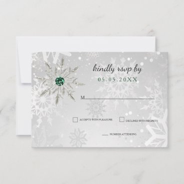 silver Emerald Green snowflakes winter wedding   RSVP Card