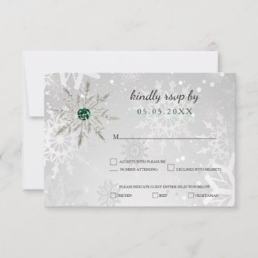 silver Emerald Green snowflakes winter wedding  RSVP Card
