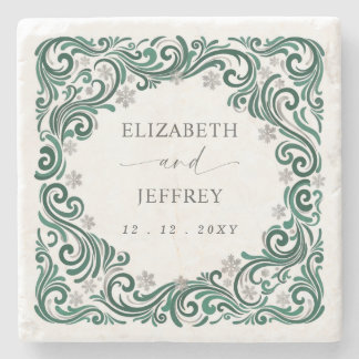 Silver Emerald Green Snowflakes Winter Wedding Stone Coaster