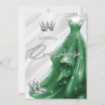 Silver Emerald Green Sparkle Dress Quinceañera  Invitation