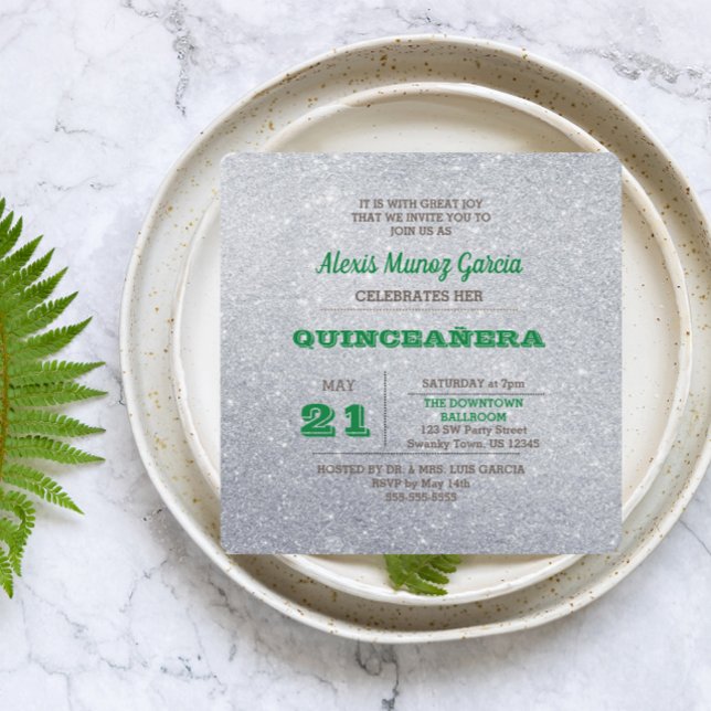 Silver & Emerald Green Sparkly Quinceañera Invitation (Creator Uploaded)