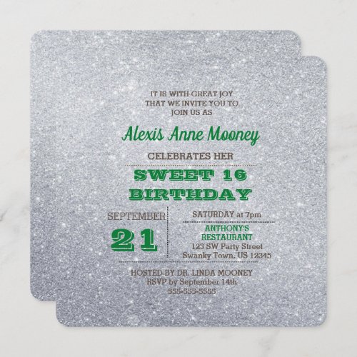 Silver  Emerald Green Sparkly Sweet 16 Invitation