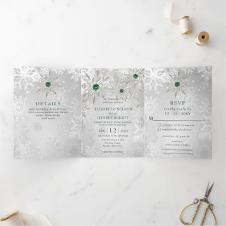 Silver Emerald Snowflakes Winter Christmas Wedding Tri-Fold Invitation
