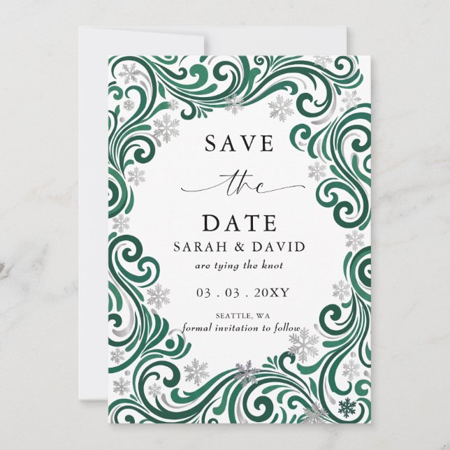 Silver Emerald Snowflakes Winter Wedding Photo  Save The Date (Front)