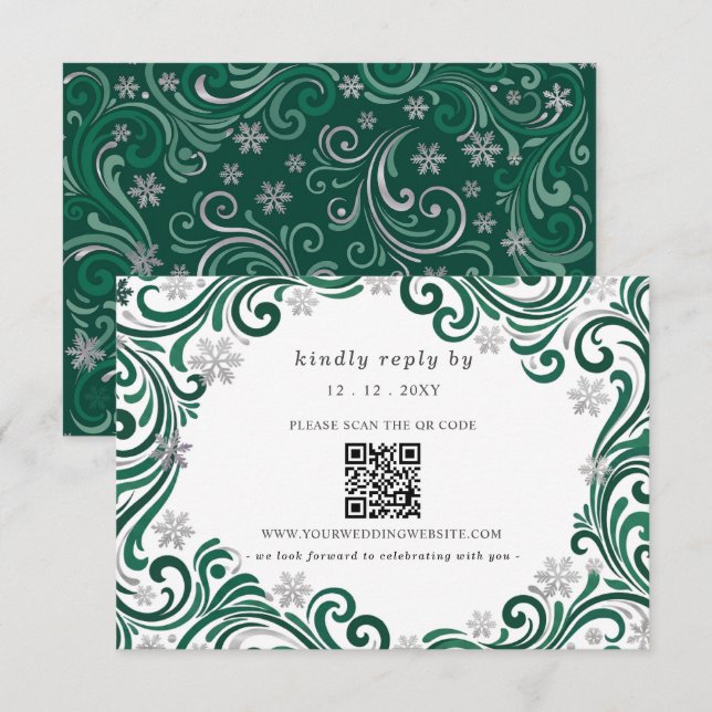 Silver Emerald Snowflakes Winter Wedding QR Code RSVP Card (Front/Back)