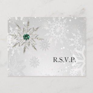 Silver Emerald Snowflakes Winter Wedding rsvp Invitation Postcard