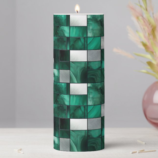 Silver Emerald Square Pillar Candle (In Situ)