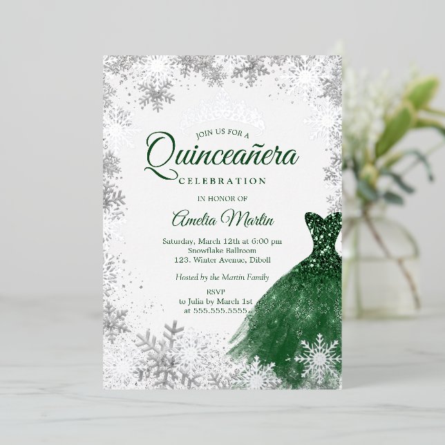 Silver Emerald Winter Snowflake Quinceanera Foil Invitation (Standing Front)