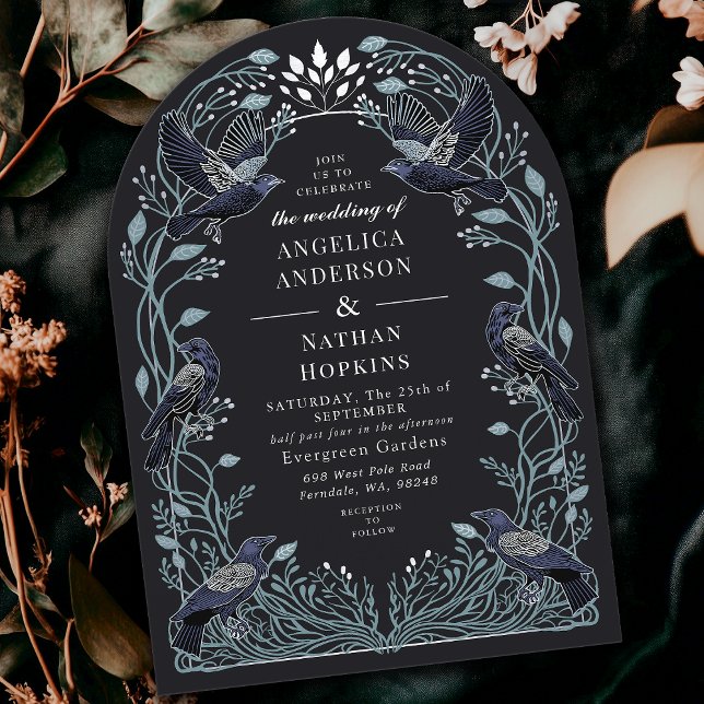 Silver Enchanted Gothic Raven Floral Wedding Ach Invitation (Creator Uploaded)
