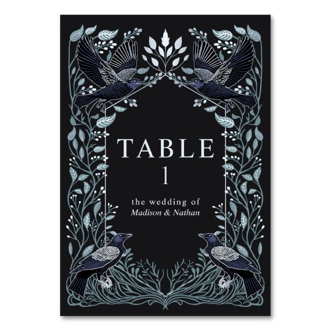 Silver Enchanted Gothic Raven Floral Wedding Table Number (Front)