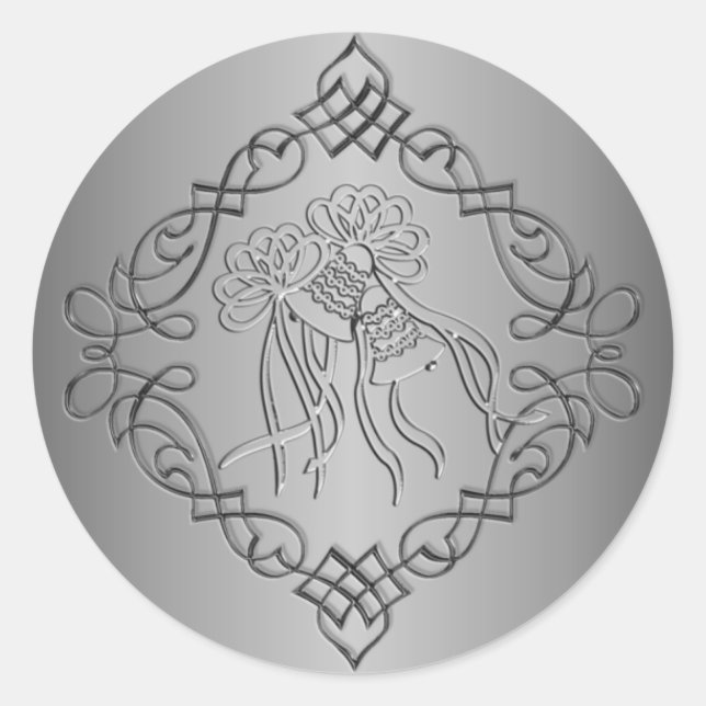 Silver Engraved Look Wedding Classic Round Sticker (Front)