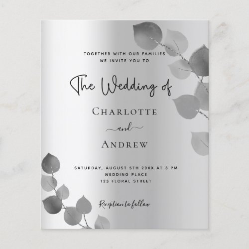 Silver eucalyptus budget wedding invitation flyer