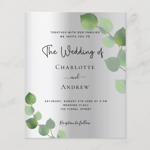 Silver eucalyptus budget wedding invitation flyer